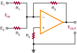 Op-amp connected as a summing amplifier.