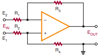 Op-amp connected as a difference amplifier.