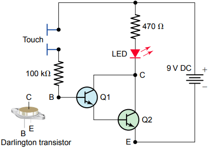 Darlington transistor as part of a touch-switch circuit.